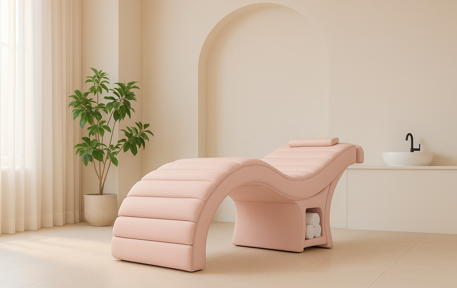 Pink curved beauty chair in a minimalistic room with a plant and sink.