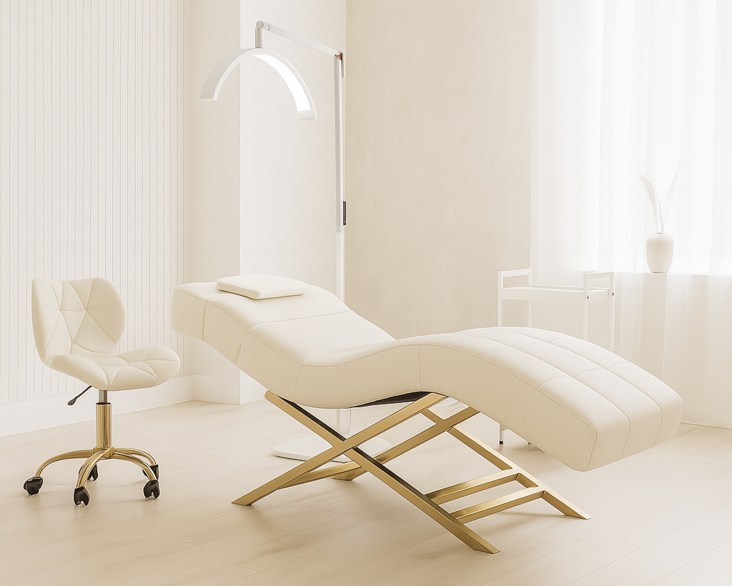 Modern white treatment bed with gold frame in a bright room